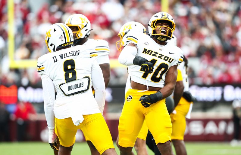 Nov 22, 2025; Norman, Oklahoma, USA; Missouri Tigers linebacker Josiah Trotter (40) reacts during the first quarter against the Oklahoma Sooners at Gaylord Family-Oklahoma Memorial Stadium. Mandatory Credit: Kevin Jairaj-Imagn Images