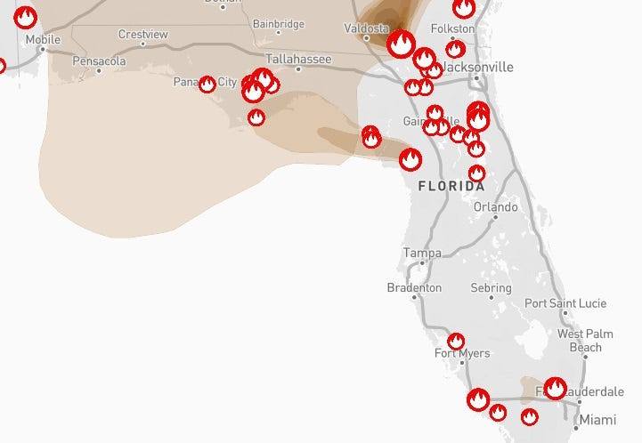 Map shows wildfires and associated smoke impacts across Florida April 23, 2026.