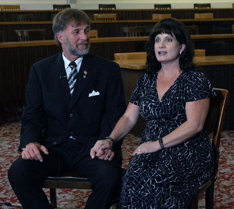 Major Cody Khork's father, James Khork, and his step-mother, Stacey Khork, speak to media members in the Hollis Room at Florida Southern College before a celebration of life held April 22 in Annie Pfeiffer Chapel.