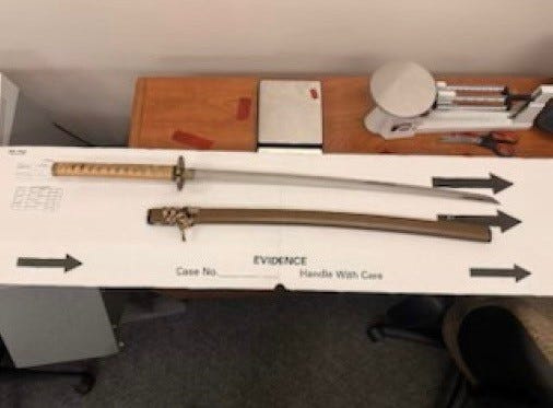 A man described as being dressed as a pirate and having this sword was arrested April 22, 2026, by Martin County sheriff’s officials, accused of setting fire to grass in the Savannas Preserve State Park.