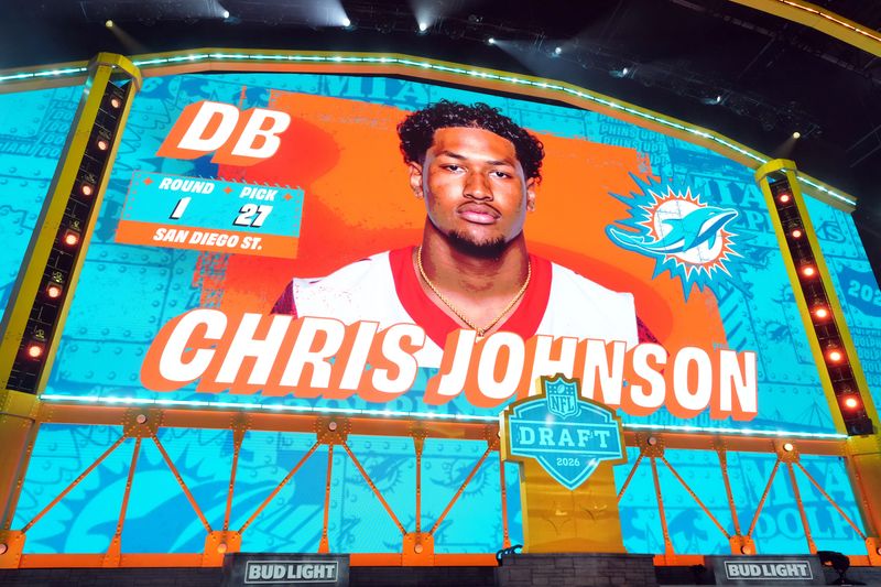 Apr 23, 2026; Pittsburgh, PA, USA; San Diego State Aztecs defensive back Chris Johnson is selected by the Miami Dolphins as the number 27 pick during the 2026 NFL Draft at Acrisure Stadium. Mandatory Credit: Kirby Lee-Imagn Images