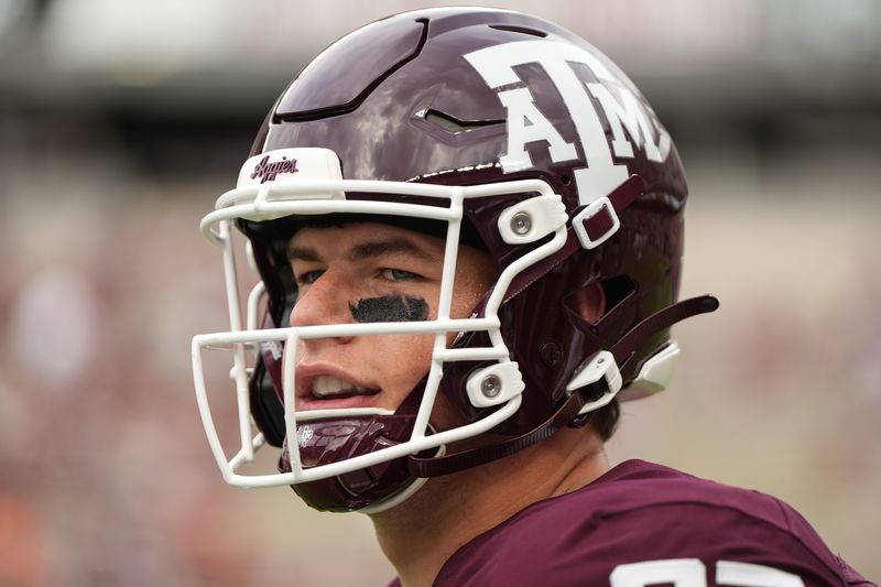 Aug 30, 2025; College Station, Texas, USA; Texas A&M Aggies tight end Nate Boerkircher (87) pregame against the UTSA Roadrunners at Kyle Field. Mandatory Credit: Sean Thomas-Imagn Images
