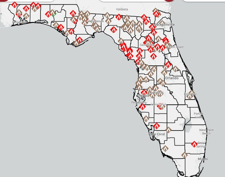 Early April 24, 2026, there were 134 wildfires burning 25,786 acres in Florida.