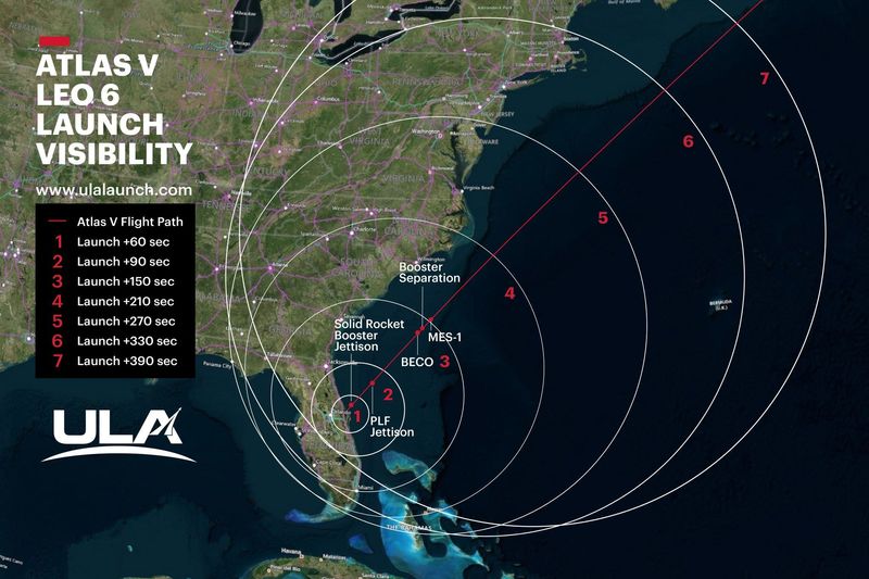 United Launch Alliance preps for launch of its Atlas V rocket with the company's 6th Amazon Leo constellation mission. Liftoff is planned for 8:52 pm EDT Monday, April 27, 2026, from Cape Canaveral, Florida. The evening launch will be visible from Florida to New England, if weather conditions in your area permit. This visibility map shows when and where your best chances are to see the rocket as it streaks northeasterly into space.