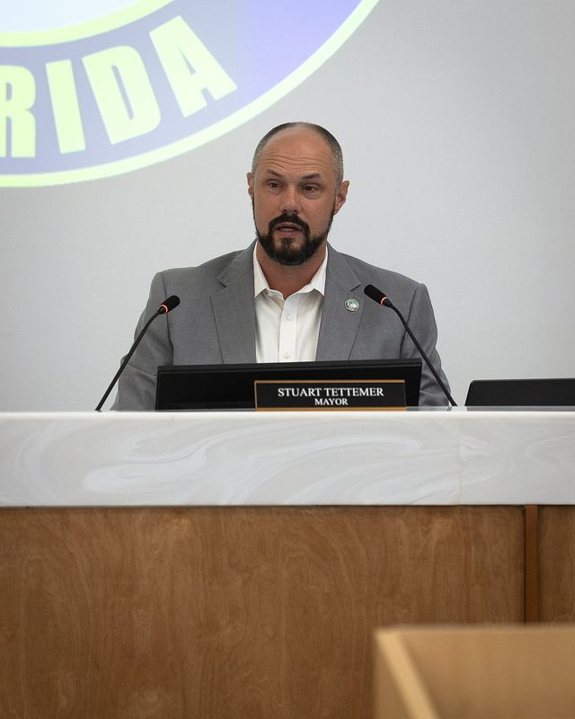 Stuart Tettemer, Panama City Beach's mayor, delivers remarks during the city council meeting April 23, 2026. (Tyler Orsburn/Panama City News Herald)