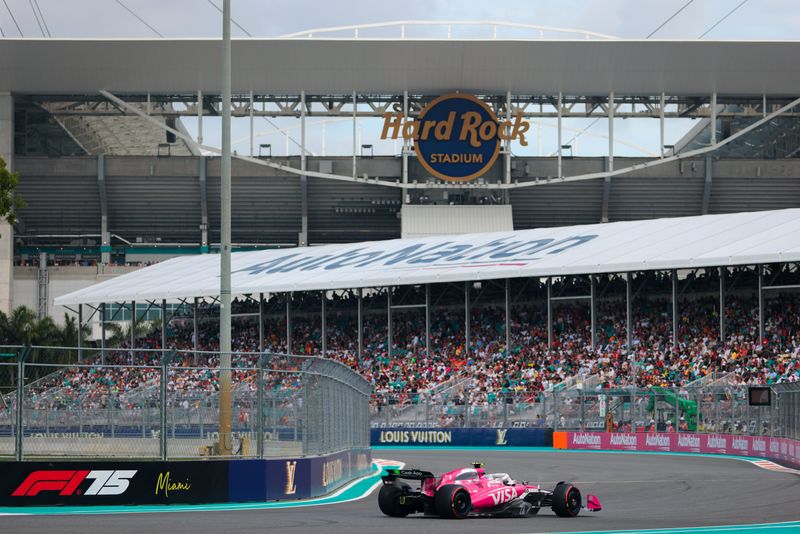 May 3, 2025; Miami Gardens, FL, USA; RB driver Liam Lawson (30) during qualifying for the F1 Miami Grand Prix at Miami International Autodrome. Mandatory Credit: Sam Navarro-Imagn Images