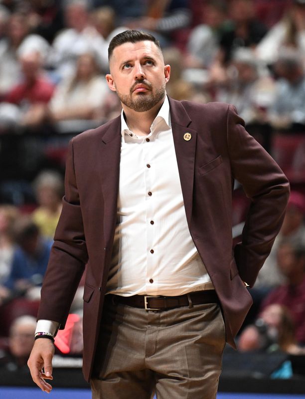 Feb 10, 2026; Tallahassee, Florida, USA; Florida State Seminoles head coach Luke Loucks during the second half against the Virginia Cavaliers at Donald L. Tucker Center. Mandatory Credit: Melina Myers-Imagn Images