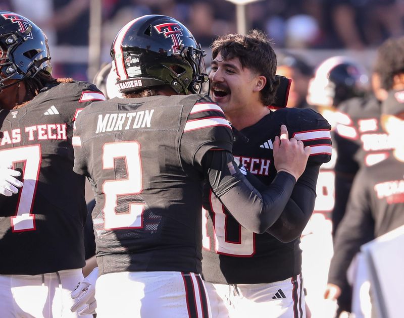 Texas Tech players Jacob Rodriguez and Behren Morton hype each other up during a Big 12 Conference football game, Saturday, Nov. 15, 2025, at Jones AT&T Stadium.