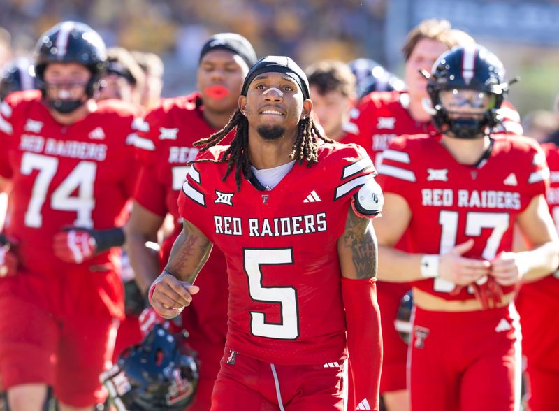 Oct 18, 2025; Tempe, Arizona, USA; Texas Tech Red Raiders wide receiver Caleb Douglas (5) against the Arizona State Sun Devils at Mountain America Stadium. Mandatory Credit: Mark J. Rebilas-Imagn Images