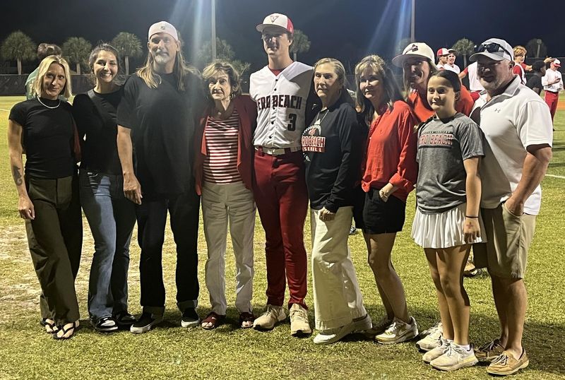 Vero Beach High pitcher Cody Morgan poses with family and friends after pitching 3 1/3 innings of one-hit shutout ball in a 15-0 victory over Fort Pierce Central in the Class 7A-Region 3 quarterfinals in Vero Beach. Morgan became the school's all-time leader in pitching victories with 28.