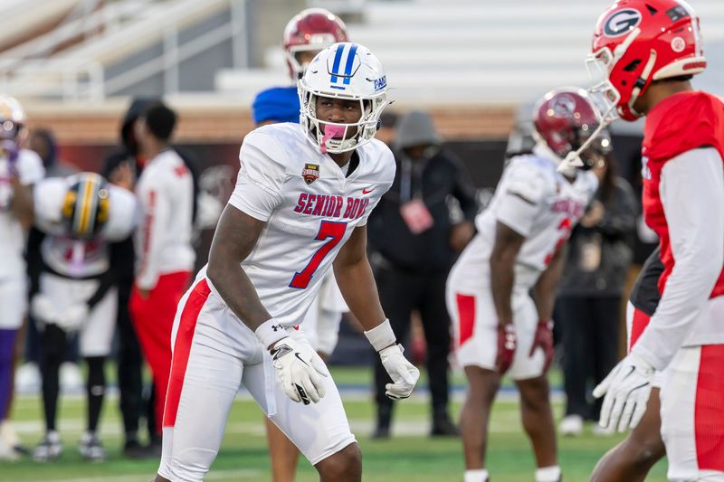 Jan 28, 2026; Mobile, AL, USA; American Team wide receiver Ted Hurst (7) of Georgia State lines up during American Senior Bowl practice at Hancock Whitney Stadium. Mandatory Credit: Vasha Hunt-Imagn Images