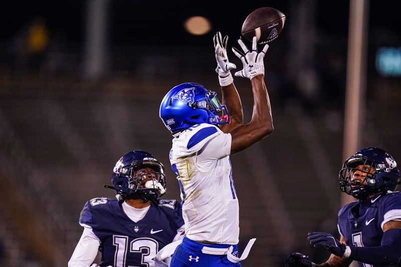 Nov 1, 2024; East Hartford, Connecticut, USA; Georgia State Panthers wide receiver Ted Hurst (16) makes the catch against the Connecticut Huskies in the second half at Rentschler Field at Pratt & Whitney Stadium. Mandatory Credit: David Butler II-Imagn Images