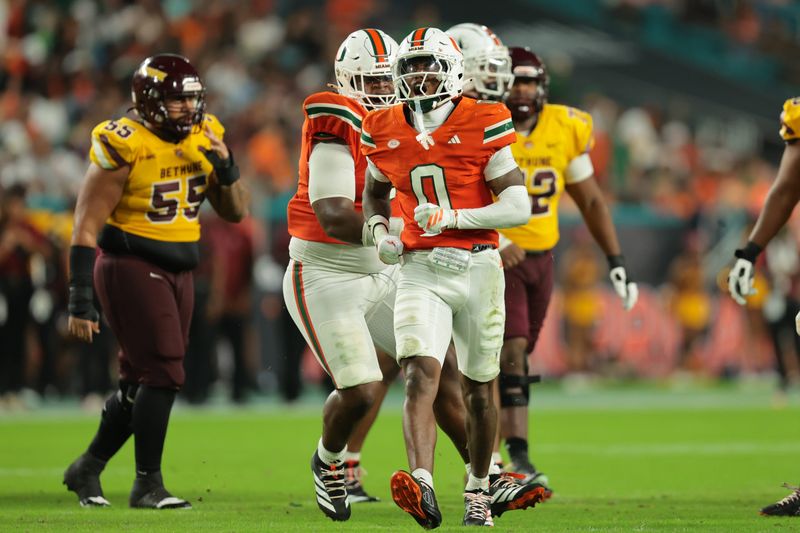 Sep 6, 2025; Miami Gardens, Florida, USA; Miami Hurricanes defensive back Keionte Scott (0) reacts after a play against the Bethune-Cookman Wildcats during the third quarter at Hard Rock Stadium. Mandatory Credit: Sam Navarro-Imagn Images