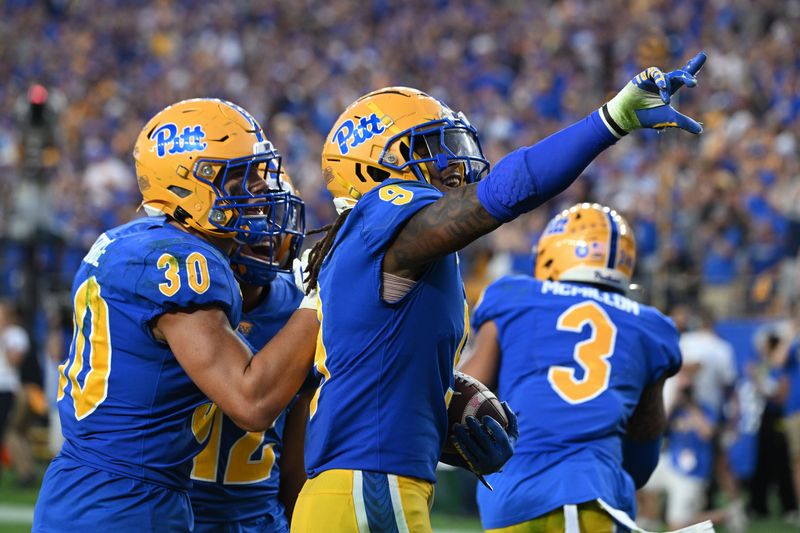 Sep 14, 2024; Pittsburgh, Pennsylvania, USA; Pittsburgh Panthers linebacker Kyle Louis celebrates with Brandon George (30) after intercepting West Virginia Mountaineers quarterback Garrett Greene (6) in the fourth quarter at Acrisure Stadium. Mandatory Credit: Barry Reeger-Image Images