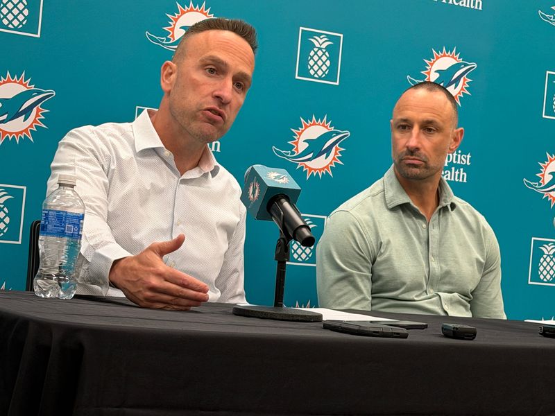 Coach Jeff Hafley (left) discusses his first draft for the Miami Dolphins along with GM Jon-Eric Sullivan on April 25, 2026.