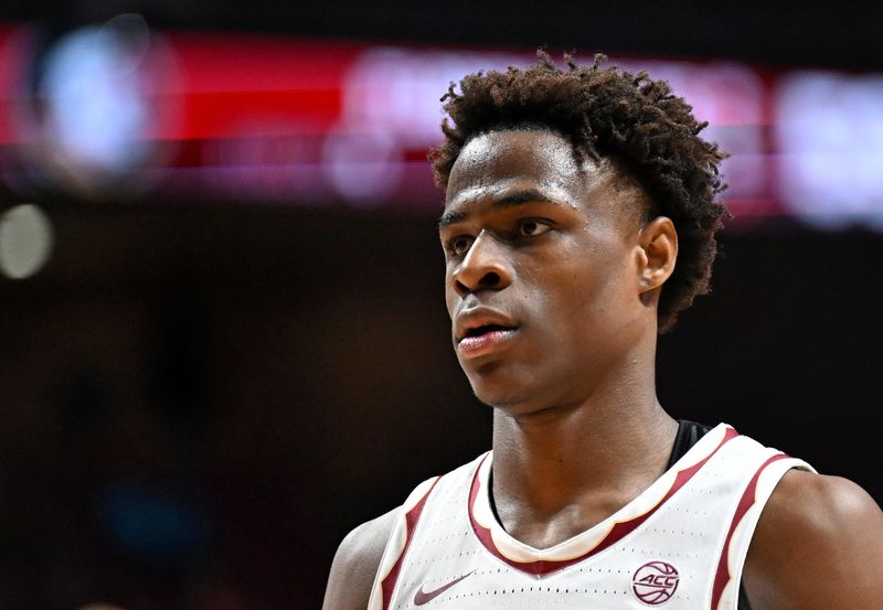 Jan 31, 2026; Tallahassee, Florida, USA; Florida State Seminoles forward Thomas Bassong (3) during the second half against the Stanford Cardinal at Donald L. Tucker Center. Mandatory Credit: Melina Myers-Imagn Images