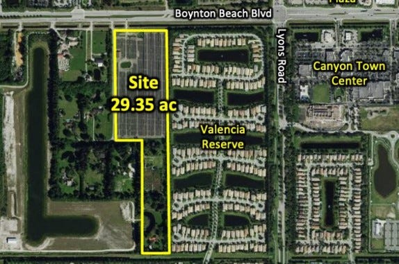 Map shows the "essential housing" project in the Ag Reserve that borders Valencia Reserve, a high-end senior community west of Boynton Beach. The HOA there is concerned over the project's density that would result in 289 rental units.