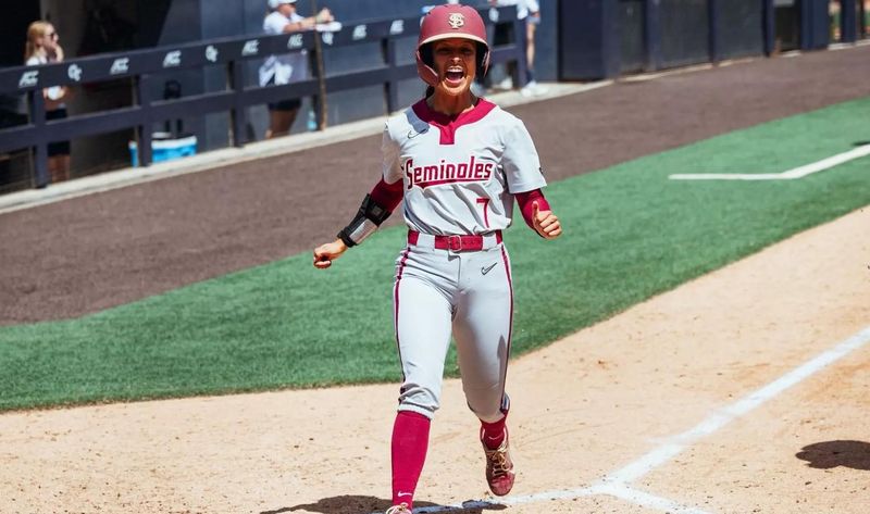 FSU softball's Angelee Bueno celebrates after reaching home base to defeat Georgia Tech, 8-5, on Sunday, April 26, 2026.