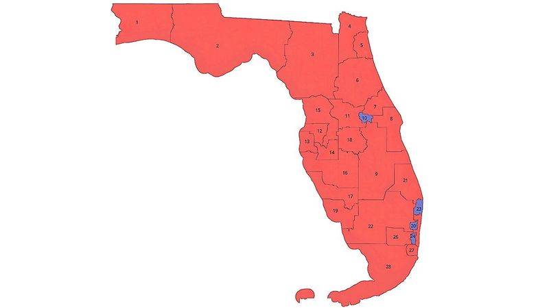 Florida Gov. Ron DeSantis' office has released this map showing plans to redistrict the state's 28 congressional districts. Red districts contain more Republican voters than Democrats, while blue represent Democrat-leaning districts.