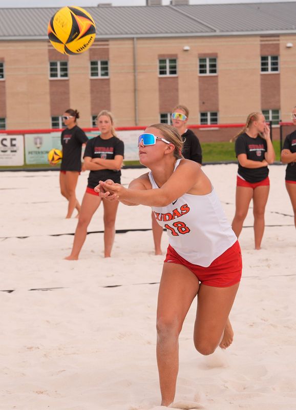 New Smyrna Beach’s Laila Parnell (18) bumps the ball during the Region 2-2A beach volleyball quarterfinals against North Marion hosted by New Smyrna Beach High School, April 27, 2026.