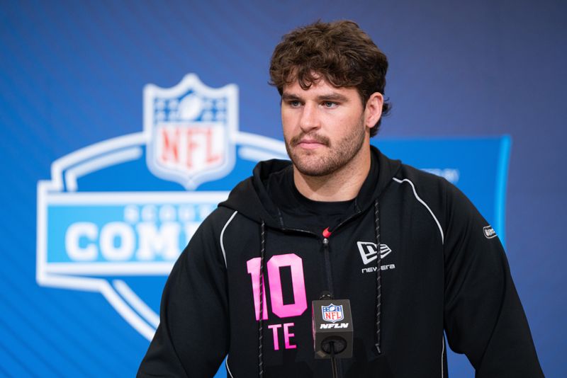 Feb 26, 2026; Indianapolis, IN, USA; Ohio State tight end Will Kacmarek (TE10) speaks to members of the media during the NFL Combine at the Indiana Convention Center. Mandatory Credit: Jacob Musselman-Imagn Images