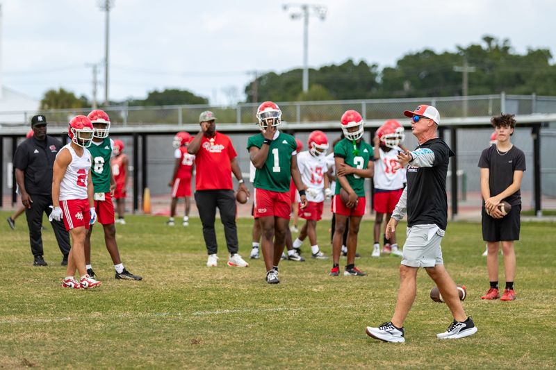 Vero Beach head coach Lenny Jankowski, front, explains the next drill to his team during a spring football practice on April 27, 2026, at Vero Beach High School.