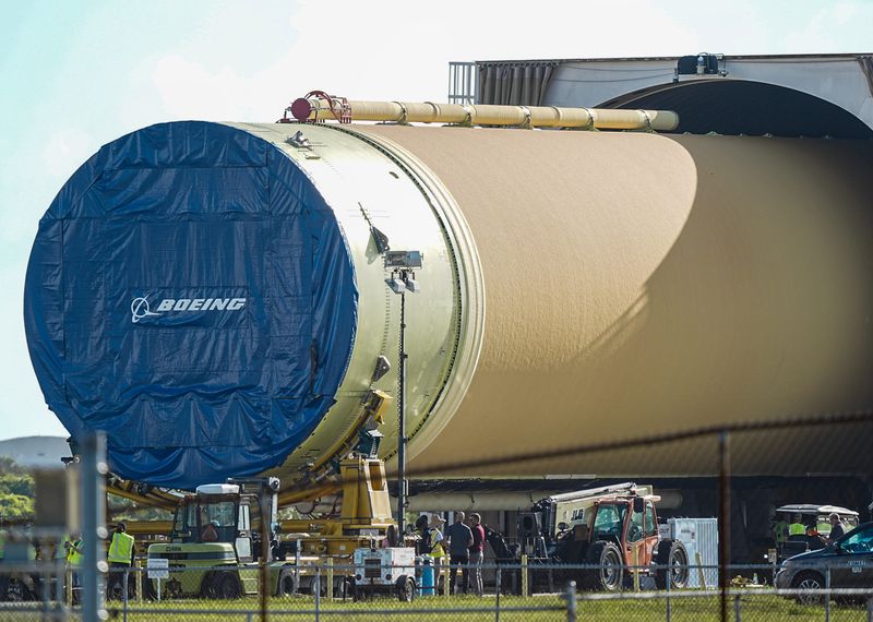 The core stage for the Artemis III is unloaded from NASA barge Pegasus at Kennedy Space Center, FL April 28, 2026. The rocket is being moved into the Vehicle Assembly Building for processing. Craig Bailey, FLORIDA TODAY via USA TODAY NETWORK