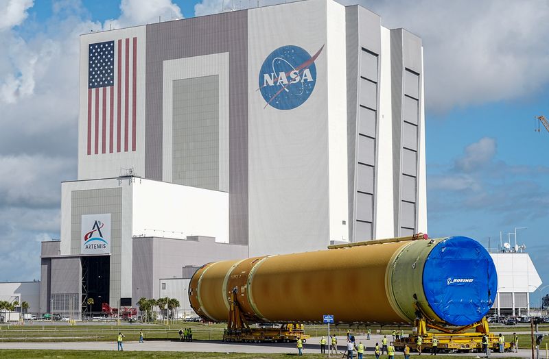 The core stage for the Artemis III is unloaded from NASA barge Pegasus at Kennedy Space Center, FL April 28, 2026. The rocket is being moved into the Vehicle Assembly Building for processing. Craig Bailey, FLORIDA TODAY via USA TODAY NETWORK