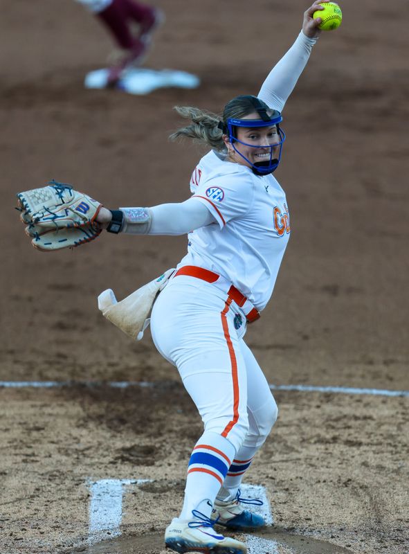 Florida starting pitcher/relief pitcher Olivia Miller (13) pitches during a NCAA softball game at Katie Seashole Pressly Stadium in Gainesville, FL on Tuesday, April 28, 2026. [Alan Youngblood/Gainesville Sun]