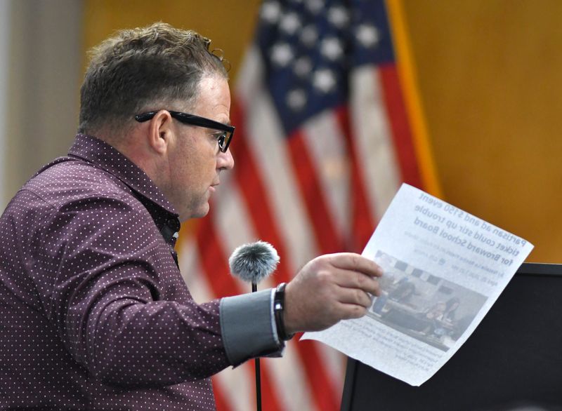 Keith Schachter addresses board members during public comments at the April 28 Brevard County School Board meeting in Viera.
