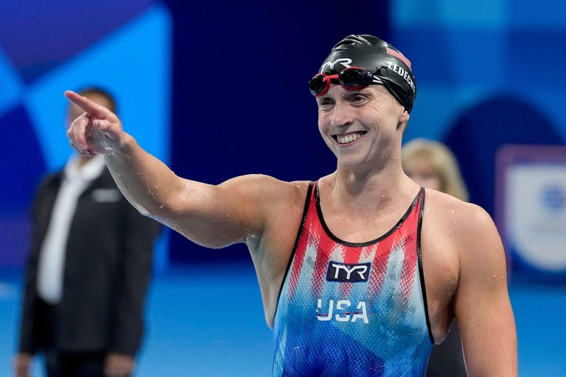 Aug 3, 2024; Nanterre, France; Katie Ledecky (USA) in the women’s 800-meter freestyle final during the Paris 2024 Olympic Summer Games at Paris La Défense Arena. Mandatory Credit: Grace Hollars-USA TODAY Sports