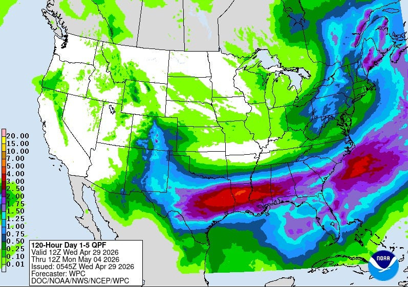 Beneficial rains are coming to the Tallahassee area (rainiest day is Saturday). Widespread 1-3 inches forecast today-Sunday night, locally higher.