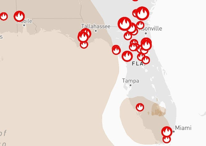 Active wildfires and smoke in Florida at 1 p.m. April 29, 2026.