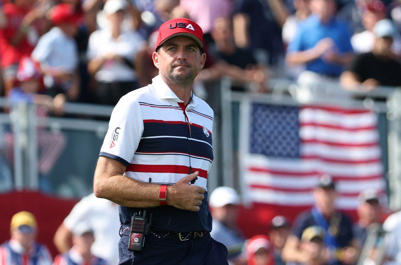 [US, Mexico & Canada customers only] Sep 28, 2025; Bethpage, New York, USA; Team USA captain Keegan Bradley on the 1st hole during the singles on the final day of competition for the Ryder Cup at Bethpage Black. Mandatory Credit: Brendan Mcdermid-Reuters via Imagn Images