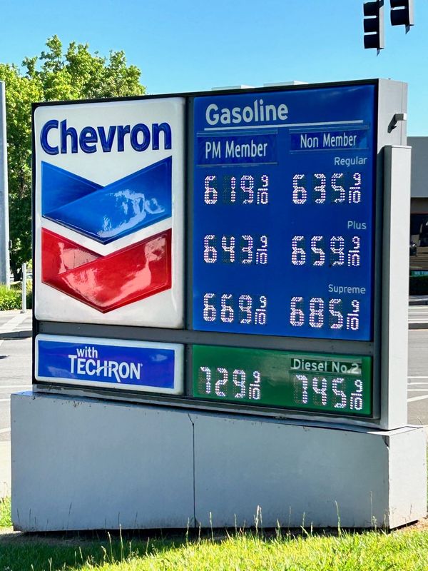 Gasoline prices listed on a sign in front of a gas station in Redding on April 29, 2026.