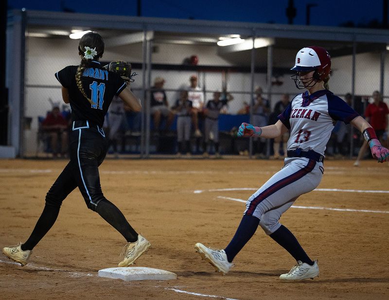 Bozeman's Makenzie Memmen is doubled off first base after a quick pop up to the catcher during their Class 2A District 1 championship game against North Bay Haven in Panama City, Florida, April 29, 2026. North Bay Haven would go on to win the game 13-3. (Tyler Orsburn/Panama City News Herald)
