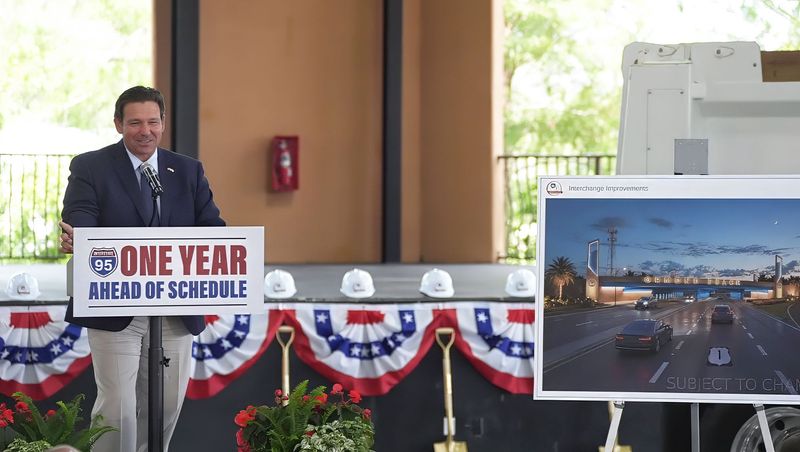Gov. Ron DeSantis speaks at an event at Destination Daytona in Ormond Beach on April 30, 2026. DeSantis was in town to announce a new timetable and lower cost for the I-95/US 1 project.