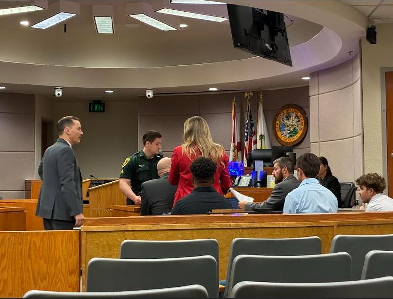 A view from inside the courtroom before the change of plea hearing on April 30, 2026 for former fire officials accused of hazing a colleague.