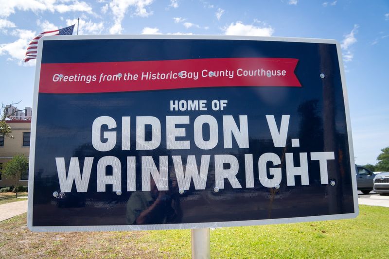 A sign commemorating Gideon V. Wainwright is displayed on the lawn of the Bay County Courthouse, pictured on April 30, 2026.