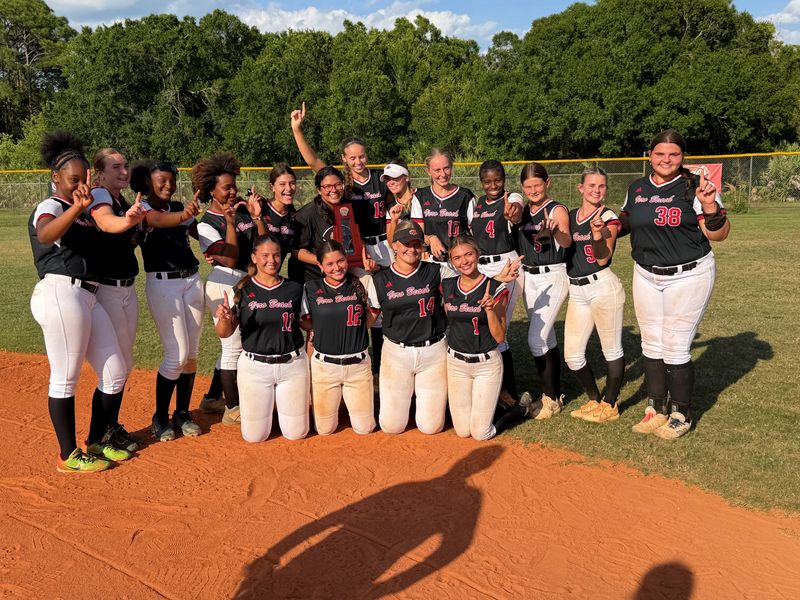 The Vero Beach High School softball team celebrates after winning the District 7-7A title following a 5-4 victory over St. Lucie West Centennial on Thursday, April 30, 2026 from St. Lucie West Centennial High School.