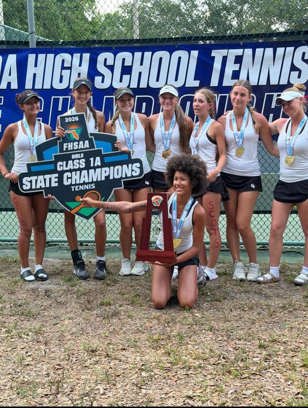 The Saint Andrew's girls tennis team celebrates after a comeback to win the FHSAA state championship on Thursday, April 30, 2026 in the Orlando area.