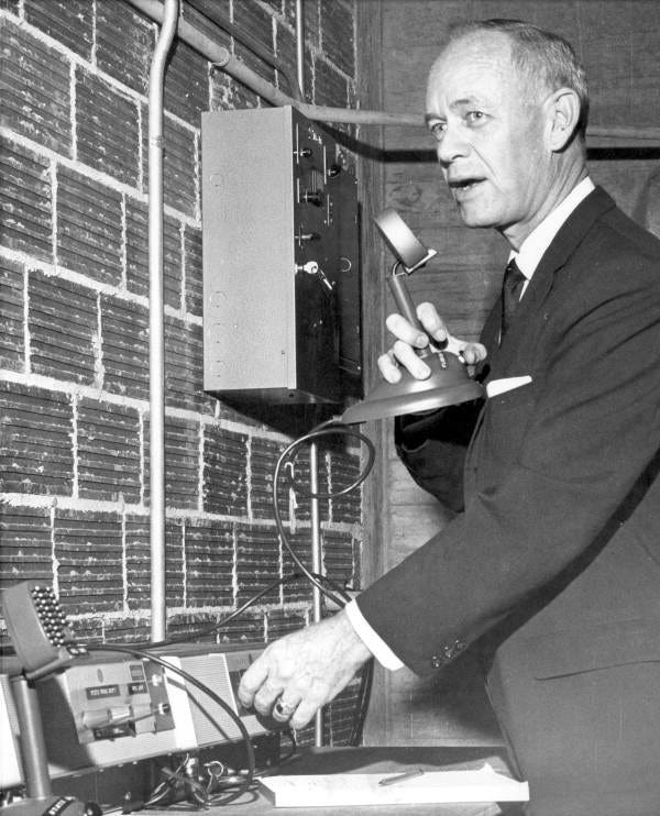 Governor C. Farris Bryant tests an emergency radio system in the governor mansion's bomb shelter during the 1962 Cuban Missile Crisis. In the event of a nuclear attack, the shelter would have been Florida’s seat of government