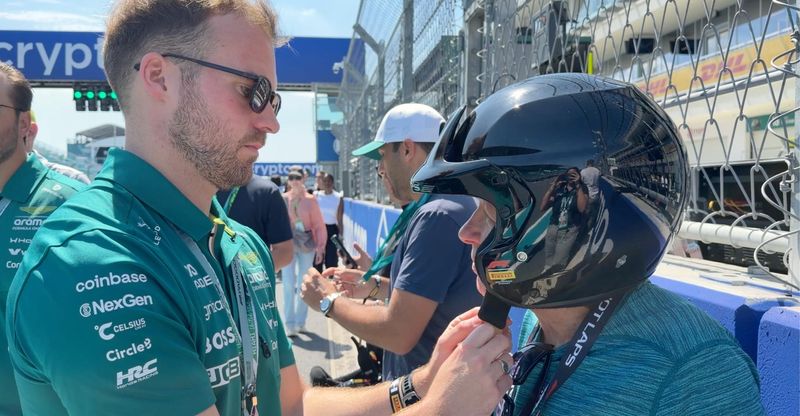 The Palm Beach Post's Hal Habib is prepped for a hot lap at the Miami Grand Prix on May 1, 2026.