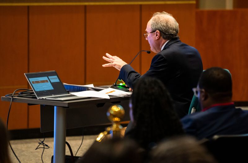 Leonard Dietzen, who is representing the school district, presents the district's case during a special public hearing related to the impasse between the school board and the Collier County Education Association at the Collier County Public Schools Admin Center in Naples, Fla., on Friday, May 1, 2026.
