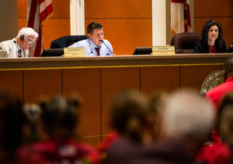 Collier School Board Vice Chair Erick Carter speaks during a special public hearing related to the impasse between the school board and the Collier County Education Association at the Collier County Public Schools Admin Center in Naples, Fla., on Friday, May 1, 2026.