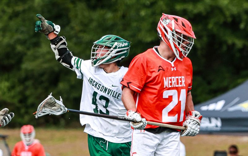 Daylin John-Hill of Jacksonville University's lacrosse team celebrates one of his four goals on May 1 during an ASUN tournament semifinal game at JU's Rock Stadium. The Dolphins won 18-3 to earn a spot in the championship game against Air Force on May 3, at 1 p.m.