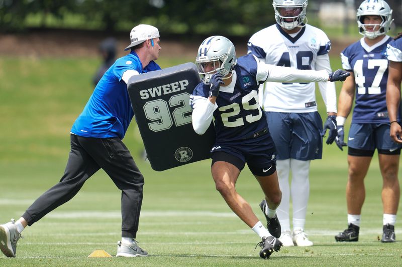 May 1, 2026; Frisco, TX, USA; Dallas Cowboys cornerback Devin Moore (29) goes through a drill during practice at the Ford Center at the Star Training Facility in Frisco, Texas. Mandatory Credit: Chris Jones-Imagn Images