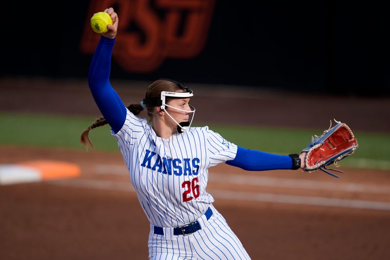 Kansas Jayhawks pitcher Chloe Barber (26) throws a pitch during a college softball game between the Oklahoma State Cowgirls and the Kansas Jayhawks in Stillwater, Friday, May 1, 2026.