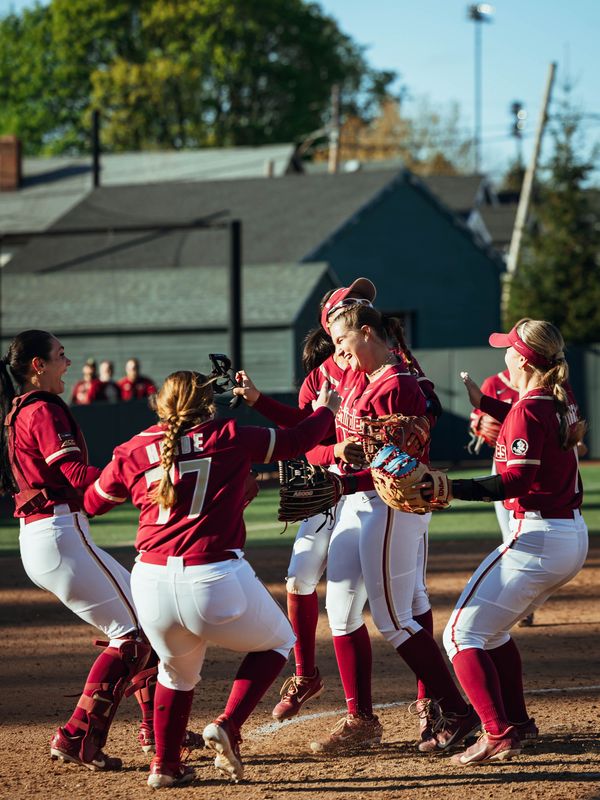 FSU softball's Jazzy Francik celebrates throwing her third no-hitter of the seasona against Boston College.