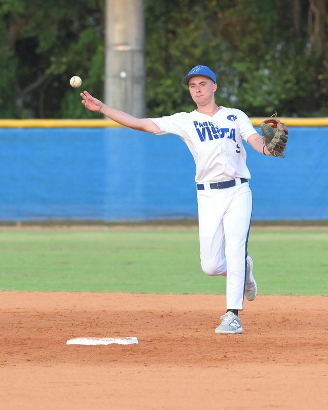 Park Vista's Michael Maynes throws to first during the game 1 win of a regional semifinal series against Jupiter on May 1, 2026.